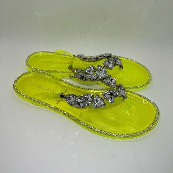 JOANIE-214 Fashion Rhinestone Embellished Jelly Sandals Neon Yellow Size 5 New - Picture 7 of 9